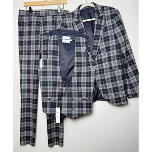 TOPMAN‎ Mens 40R Super Skinny Plaid Suit Vest Blazer Pants 3 Piece Set